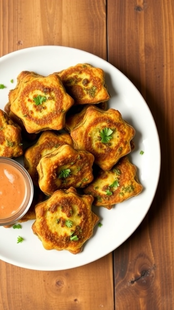 Crispy kale fritters on a plate, garnished with parsley and served with dipping sauce.